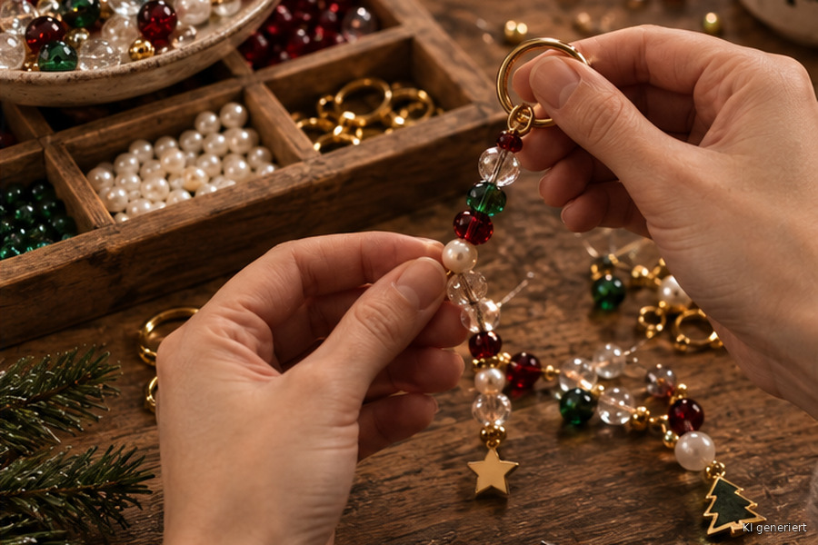Jewellery or key rings made from glass beads
